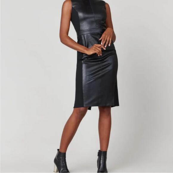 SPANX Faux Leather Combo Panel Knit Midi Sheath Dress Luxe Black NEW Womens XL - Picture 3 of 12